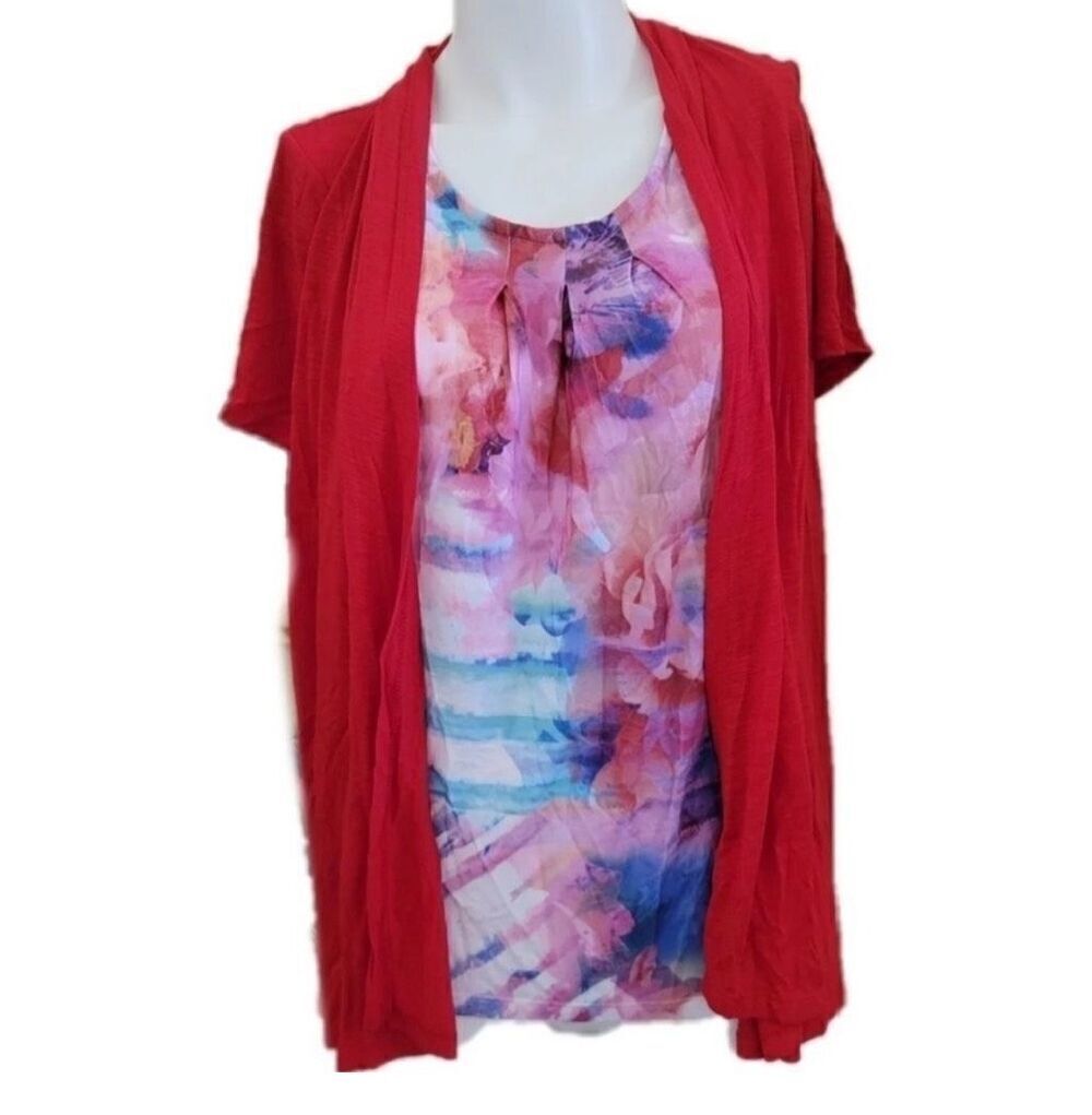 Womens plus size dreamy floral blouse built in jacket M 8-10 watercolor cardigan